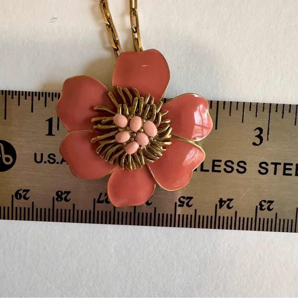 J.Crew Coral Pink Enamel Flower Pendant Necklace Gold Tone 26” - Picture 10 of 12